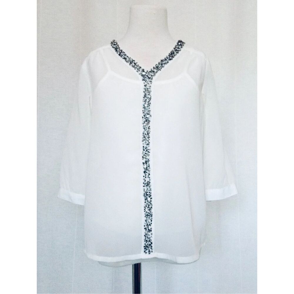 NEW Japna Kids Girls 7 White Georgette Rhinestoned Trim Blouse